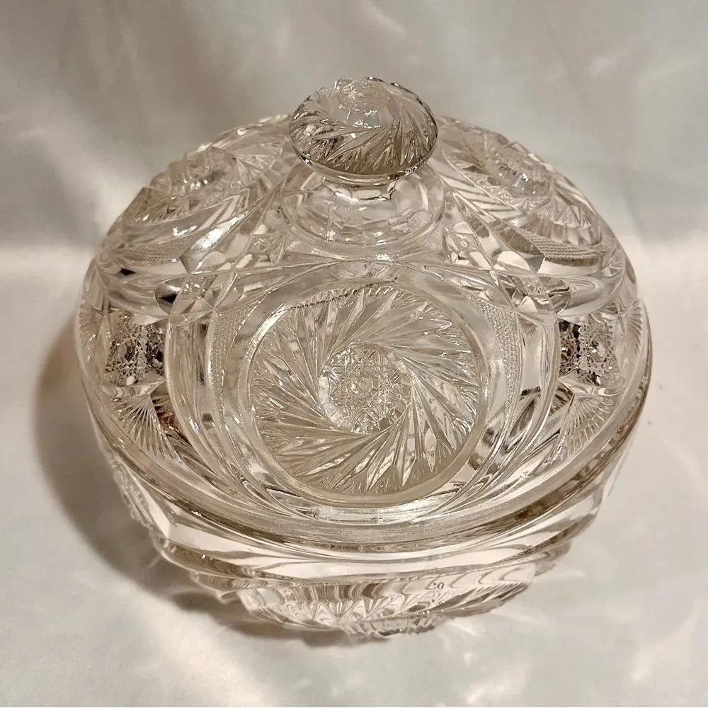 Vintage Pressed Glass Lidded Bowl Pinwheel Star Design